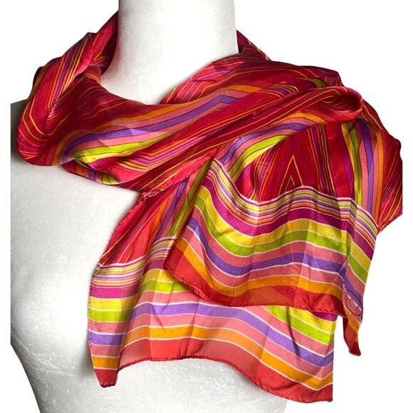 Oscar de la Renta Silk Scarf 52"x11" Red Colorful Sheer Womens Scarves - Picture 1 of 8